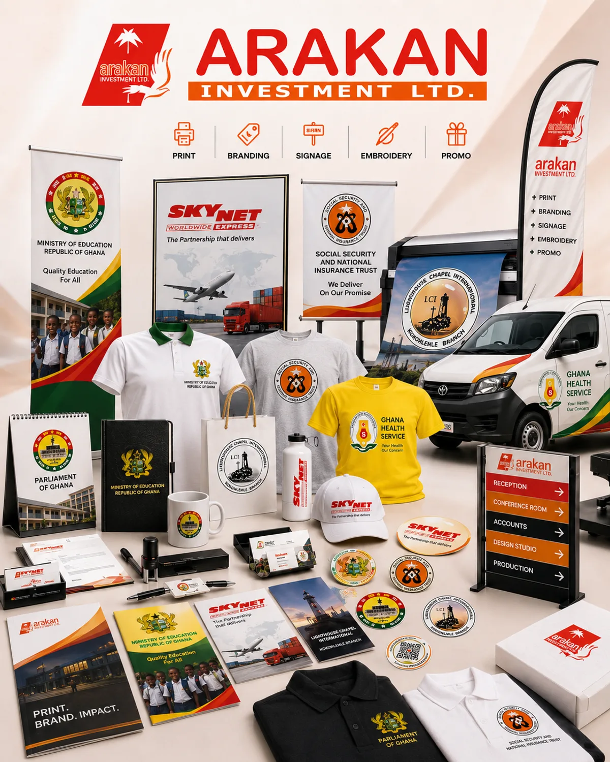 Selection of printed banners, packaging, business cards and brochures by Arakan Printing Press